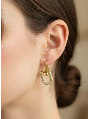 Nurora Altın Taşlı Bağlantılı Çelik Küpe