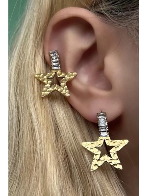 Normadia Iki Renkli Yıldız Figürlü Taş Detaylı Çelik Küpe Çift Set