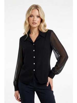 Rays 2842 Kol Tüllü Düğmeli Bluz Siyah