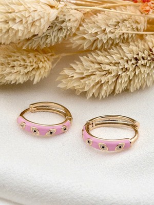 Normadia Parlak Altın Kaplama Göz Detaylı Mineli Çelik Halka Küpe 2 cm