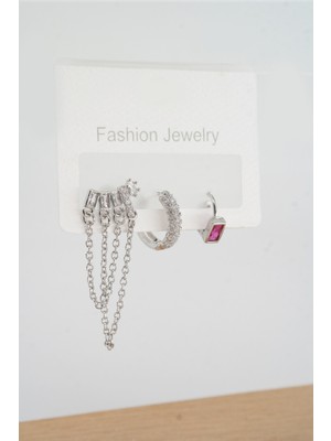 Normadia Kadın Vip Seri Baget Zirkon Taşlı Zincirli 3'lü Küpe Seti Kırmızı Taşlı Helix