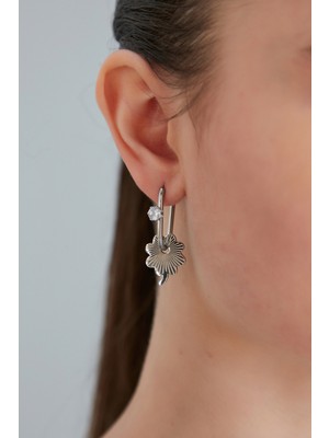 Normadia Yönca Yapraklı Sallantılı Çiçekli Zirkon Taşlı Gümüş Kaplama Küpe