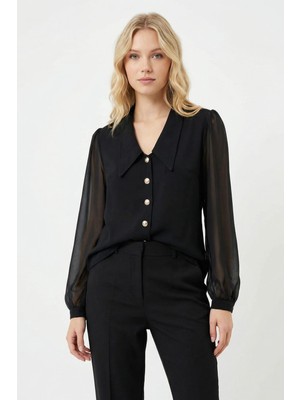Rays 2832 Düğmeli Tüllü Bluz Siyah