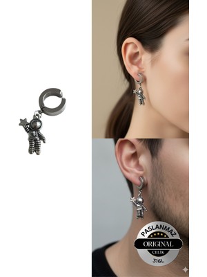 Normadia Sallantılı Astronot Model Çelik Gri Unisex Küpe, Şık ve Trend Tasarım
