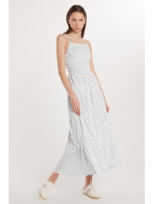 Tudors Kadın Slim Fit Dar Kesim Ince Askılı Büzgülü Kare Yaka Elbise