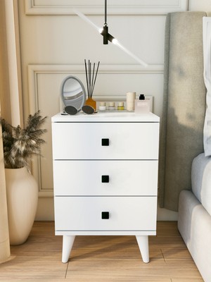 Montenero Komodin Parlak Beyaz 3 Çekmeceli Modern Komodin Yatak Odası Kare Kulp