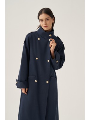 ALLDAY Lacivert-Dik Yakalı Gold Düğmeli Trençkot