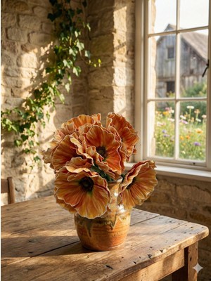 Siyah Lale Beyaz Gelincik Papaver Turuncu-Kehribar Renk Yapay Çiçek 1 Demet 35 cm