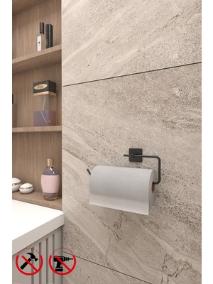 PremiumPort Kare Siyah Solo Havluluk, Yapışkanlı Havlu ve Kağıt Askısı