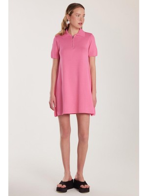 Tudors Kadın Standart Fit Kısa Kollu Fermuarlı Gömlek Yaka Pembe Elbise