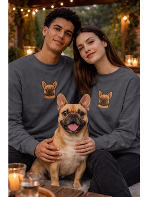 Muhtar Store French Bulldog Köpek Desenli Sevgili Sweatshirt – Unisex Çift Kombini