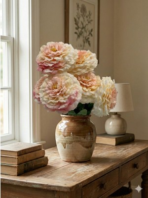 Siyah Lale Şakayık Peony Beyaz-Pembe Geçişli Yapay Çiçek 1 Demet 42 cm