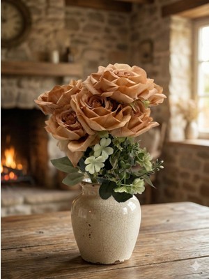 Siyah Lale Gül Rose Demeti Tarçın, Karamel Veya Açık Kahve Toffee Renk Yapay Çiçek 1 Demet 43 cm