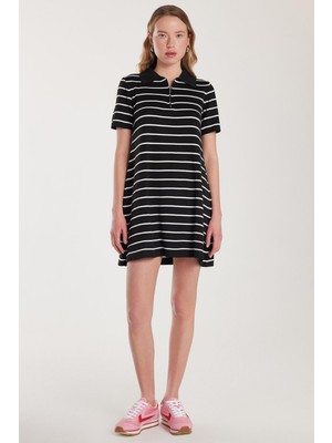 Tudors Kadın Standart Fit Kısa Kollu Fermuarlı Gömlek Yaka Çizgili Siyah Elbise