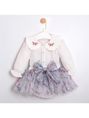ministok Tina Yakası Nakışlı Altı Çıtçıtlı Tütü Etekli Kız Bebek Takım