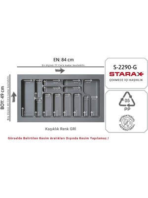 PremiumPort 84X49 cm Gri Plastik Çekmece Içi Düzenleyici Organizer S-2290