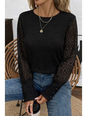 Marsilyan Kadın Uzun Kollu Bisiklet Yaka Kolları Tüllü Waffle Bluz