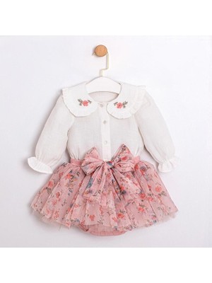 ministok Tina Yakası Nakışlı Altı Çıtçıtlı Tütü Etekli Kız Bebek Takım