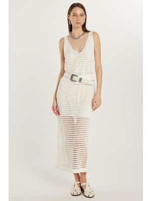 Tudors Kadın Standart Fit Desenli U Yaka Ekru Elbise