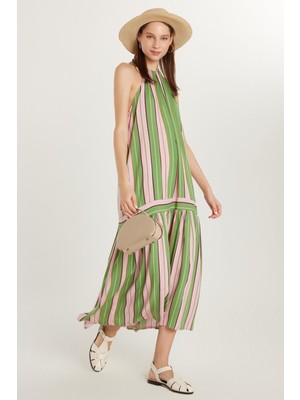 Tudors Kadın Standart Fit Viskon Kuşaklı Çizgili Uzun Elbise