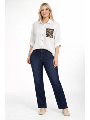 Moda Berray 1675-B Kadın Beyaz Keten Gömlek Günlük Truvakar Kol Leopar Cep Detaylı