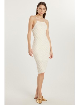 Tudors Kadın Standart Fit Ince Askılı Desenli U Yaka Ekru Elbise