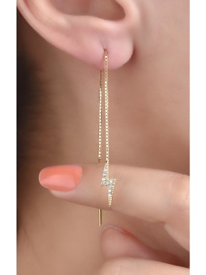 Normadia Gümüş 925 Ayar Zirkon Taşlı Asansör Zincir Şimşek Model Gold Renkli Tekli Küpe