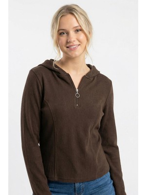 Rays 3078A Fermuarlı Kapüşonlu Kazak Kahve