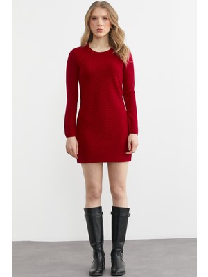 Sementa Petek Motifli Sıfır Yaka Triko Elbise - Kırmızı