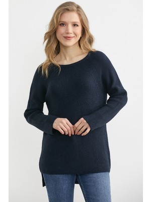 Sementa Yuvarlak Yaka Arkası Uzun Triko Kazak - Lacivert