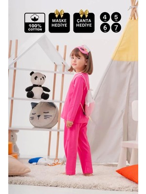 Buude Heroıne Desenli Çanta ve Maskeli % 100 Pamuk Kız Çocuk Pijama Takımı