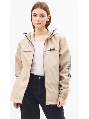 Level High Kadın Bej Kapüşonlu Şerit Detaylı Suya Dayanıklı Mevsimlik Yağmurluk