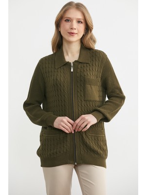 Sementa Polo Yaka Fermuarlı  Pamuk Triko Hırka - Haki