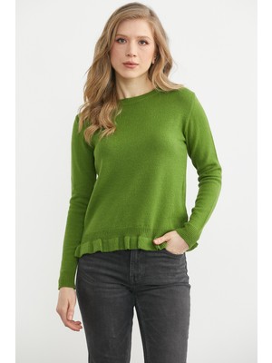 Sementa Sıfır Yaka Fırfır Detaylı Yünlü Triko Kazak - Yeşil