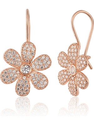 Normadia 925 Ayar Gümüş Papatya Zirkon Taşlı Küpe, Rose Kaplama