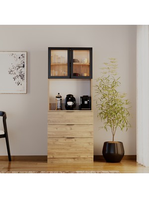 EVDEMO Sierra Temperli Cam Kapaklı Ledli Kahve Köşesi Mutfak Kiler Dolabı Çam