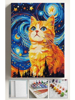 Corvo Sayılarla Boyama Seti Numaralı Tuval Fırça Boya 40X50 cm - Yıldızlı Gece Turuncu Kedi