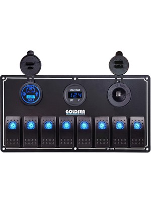 Özbience 8 Anahtar USB Type-C Voltmetre Tekne Switch Panel Mavi Işık 120X235MM
