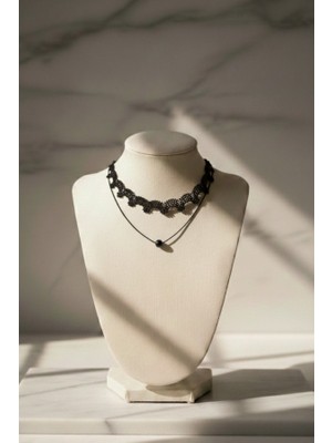 Ikili Katmanlı Siyah Dantel Choker ve Ince Boncuklu Kolye - Gotik ve Modern Stil Boyun Takısı