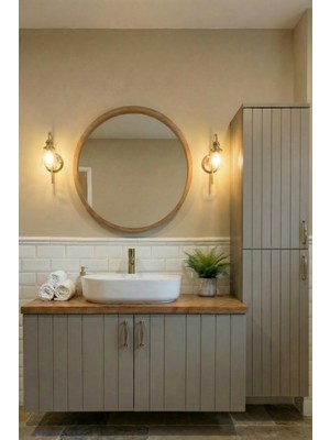 Adn Dizayn Banyo Dolabı Seti-Vizon Mat Lake Boyalı-Ahşap Tezgah-Boy Dolabı-Aynalı Üst DOLAP-100 cm -Lavabosuz