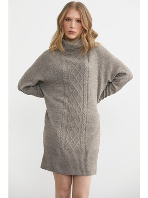 Sementa Degaje Yaka Saç Örgülü Yün Triko Tunik - Bej