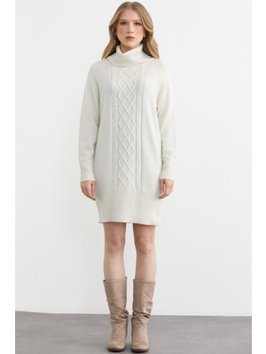 Sementa Degaje Yaka Saç Örgülü Yün Triko Tunik - Kemik