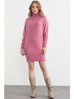 Sementa Degaje Yaka Saç Örgülü Yün Triko Tunik - Şeker Pembe