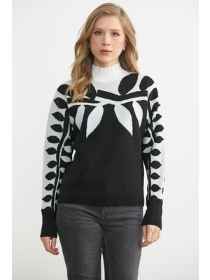 Sementa Yarasa Kol Yaprak Desenli Triko Kazak - Siyah