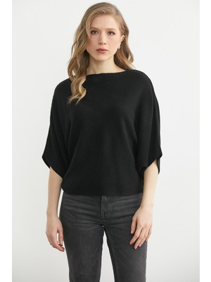 Sementa Kayık Yaka Triko Panço Kazak - Siyah