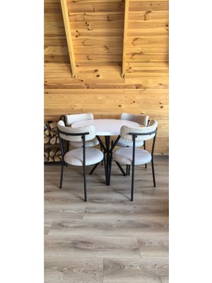 Decosense 4 Kişilik Modern 90 cm Yuvarlak Masa ve 4 Teddy Sandalyeli Mutfak Takımı Balkon Takımı Salon Takımı