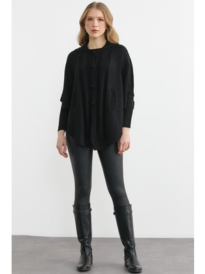 Sementa Polo Yaka Düğmeli Pelerin Hırka - Siyah