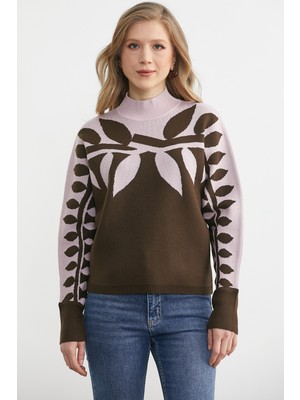 Sementa Yarasa Kol Yaprak Desenli Triko Kazak - Kahve