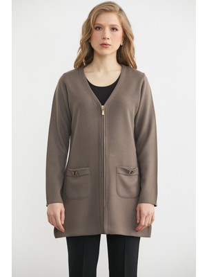 Sementa Fermuar Kapamalı Cep Detaylı Uzun Triko Ceket - Vizon