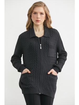 Sementa Polo Yaka Fermuarlı  Pamuk Triko Hırka - Antrasit